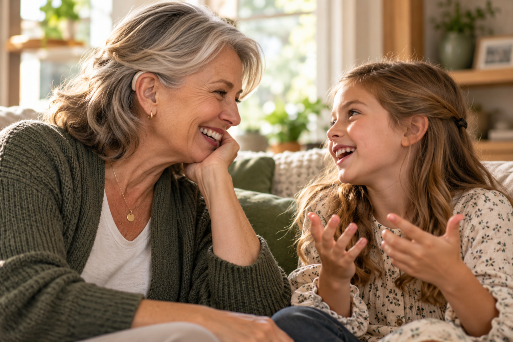 A grandmother wearing a hearing aid smiles while listening to her granddaughter tell a story.